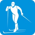 Skier, white silhouette at blue frame, vector icon