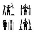 Skier woman standing with ski stick figure vector icon pictogram set. Winter snow fun sport leisure lifestyle holiday active game
