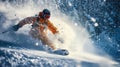 Skier in yellow going down on mountain slope on snowy background, man skiing downhill with splash of snow in winter. Concept of