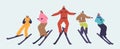 Skiers Characters In Row. Winter Sports Enthusiasts Who Gracefully Navigate Downhill Slopes Using Skis, Vector