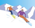 Skiers competition, extreme sport as downhill skiing concept, flat vector stock illustration with people at ski resort