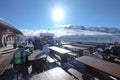 February 2019-Skiers enjoy their outdoor lunch break, Brenta Dolomites, Trentino Alto Adige, Italy