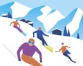 Skiers going downhill skiing as mountain resort concept, flat vector stock illustration with people during competition and