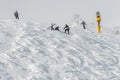 skiers helping one of the skiers get up after a fall in the Austrian resort of Solden Royalty Free Stock Photo