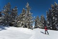 Skiers on a piste in alpine ski resort