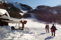 Skiers at Prato della Cipolla mountain cabin. Rocca d`Aveto, Santo Stefano d`Aveto. Liguria. Italy
