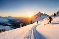 Skiers racing down a winding alpine trail, with a backdrop of towering peaks and a golden sunset
