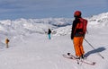 Skiers riding down the slope at the Val Thorens Ski resort in France. Royalty Free Stock Photo