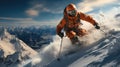 Skiers are skiing down a snowy mountain slope, Athlete skier jumping over slopes