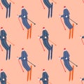 Skiers on the slope. Winter sports seamless pattern
