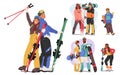 Skiers And Snowboarder Characters Strike Dynamic Poses. Adult and Young People Capturing The Thrill Of Winter Sports
