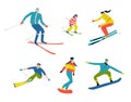 Skiers and snowboarders, cute doodle people. Funny cartoon men, women and child in the ski resort.