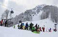 Skiers and snowboarders in Rosa Khutor Alpine Royalty Free Stock Photo