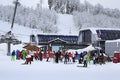 Skiers and snowboarders in Rosa Khutor Alpine Royalty Free Stock Photo