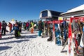 Skiers and snowboarders. Ski resort of Rosa Khutor. Sochi. Russia Royalty Free Stock Photo