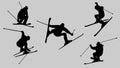 Skiers vector silhouette. Skiers and snowboarders.