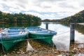 Skiff boats, lake and blue sky nature