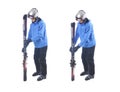 Skiier demonstrate how to connect skis and prepare for carrying.