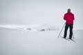 Skiier with red jacket in the mountains during winter.