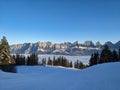 Skiing above the sea of fog. Enjoy the sun and the beautiful weather in the Alps.View of the Churfirsten and Tannenboden