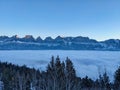 Skiing above the sea of fog. Enjoy the sun and the beautiful weather in the Alps.View of the Churfirsten and Tannenboden