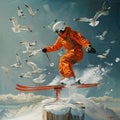 Skiing adventure with seagulls on the table