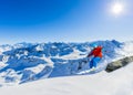 Skiing with amazing view of swiss famous mountains in beautiful Royalty Free Stock Photo