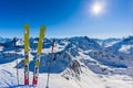 Skiing with amazing view of swiss famous mountains in beautiful winter snow Mt Fort. The matterhorn and the Dent d`Herens. In th Royalty Free Stock Photo