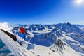 Skiing with amazing view of swiss famous mountains in beautiful winter snow Mt Fort. The matterhorn and the Dent d `Herens. In th Royalty Free Stock Photo
