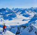 Skiing with amazing view of swiss famous mountains in beautiful winter snow Mt Fort. The matterhorn and the Dent d`Herens. In th Royalty Free Stock Photo
