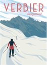 skiing with amazing view in verbier poster vintage illustration design, switzerland national park poster Royalty Free Stock Photo