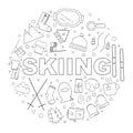 Skiing background from line icon. Linear vector pattern.