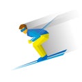 Skiing. Cartoon skier in blue and yellow running downhill.