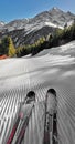 skiing on the corduroy texture, mountains and ski touring in Bormio Italy Royalty Free Stock Photo