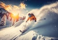 Skiing in Deep Powder Snow. Mountains at Sunset. AI generated Illustration Royalty Free Stock Photo