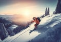 Skiing in Deep Powder Snow. Mountains at Sunset. AI generated Illustration Royalty Free Stock Photo