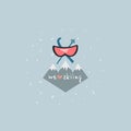 Skiing emblem. ski goggles, mountains, skis and sticks. inscription: we love skiing. Extreme winter sport. logotype. template.
