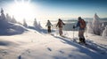 Skiing, family holidays in snow-capped mountains, winter resort on an alpine slope