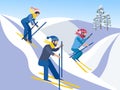 Skiing. Friends go down from the mountains on skis. In minimalist style. Cartoon flat raster