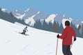 Skiing in high mountains, flat design vector illustration. Downhill skiier Royalty Free Stock Photo