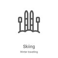 skiing icon vector from winter travelling collection. Thin line skiing outline icon vector illustration. Linear symbol for use on Royalty Free Stock Photo