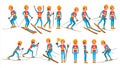 Skiing Male Player Vector. Winter Games. Competing In Championship. Playing In Different Poses. Man Athlete. Isolated On