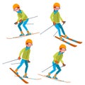 Skiing Male Vector. With Goggles And Ski Suit. Skiing In Winter. Isolated Flat Cartoon Character Illustration