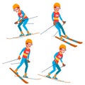 Skiing Player Male Vector. Winter Activities Rest. Ski Resort. Isolated Flat Cartoon Character Illustration