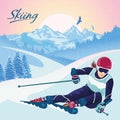 Skiing in the mountains. Vector illustration that promotes recreation, sports, tourism and travel.