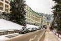 Skiing resort Semmering, Austria. Road near luxury hotel in austrian Alps. Idyllic winter wonderland mountain scenery.