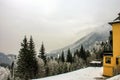 Skiing resort Semmering, Austria. Traditional chalet in austrian Alps in winter. Panoramic view of idyllic winter wonderland mount Royalty Free Stock Photo