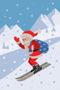 Skiing Santa illustraton on the slope mountain