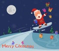 Skiing Santa at Merry Christmas holiday greeting