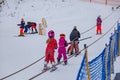 Skiing. Skiers on the ski slope. Winter entertainment in mountain